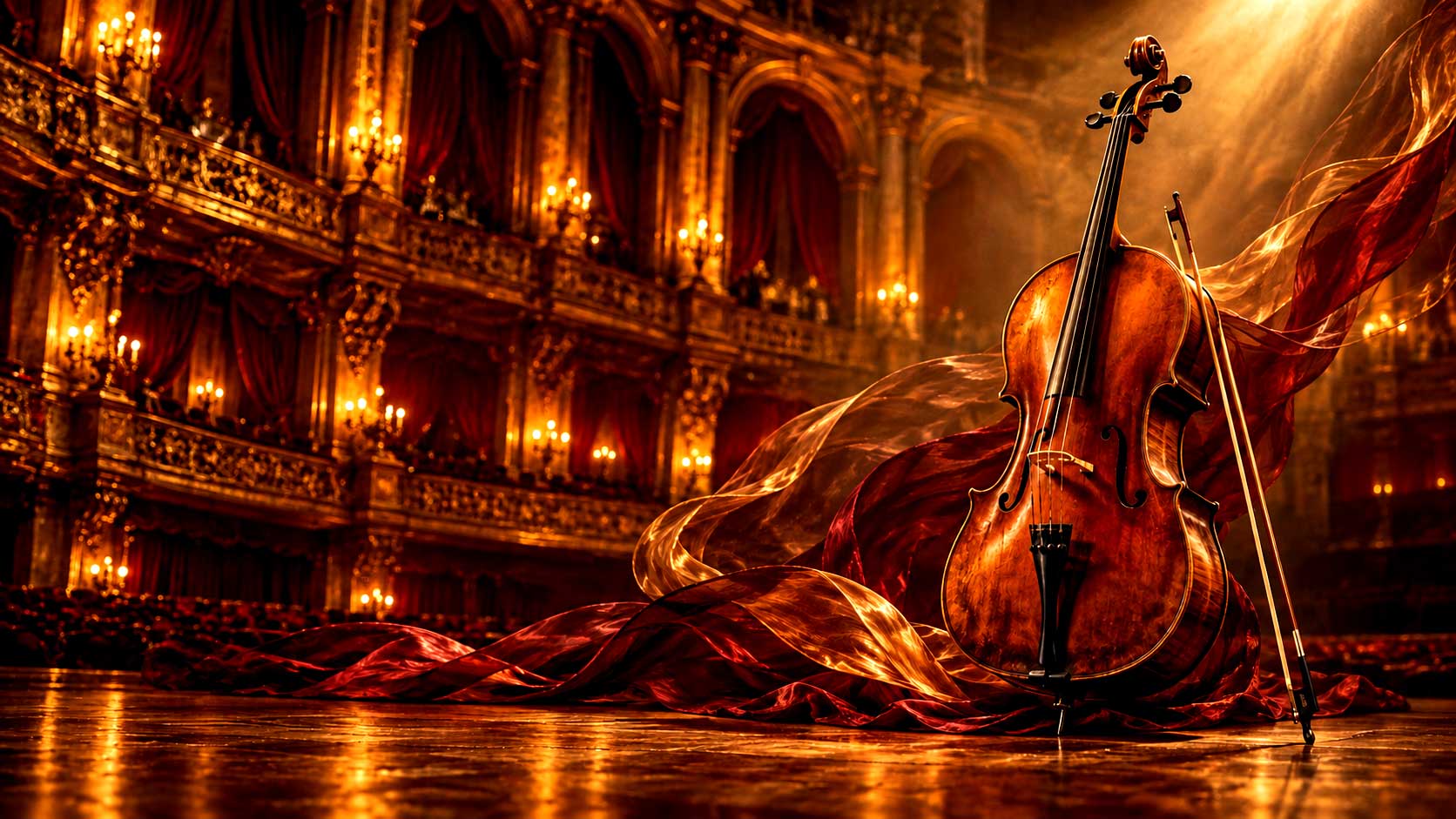 An amber cello illuminated on a dark concert stage, surrounded by flowing bronze ribbons